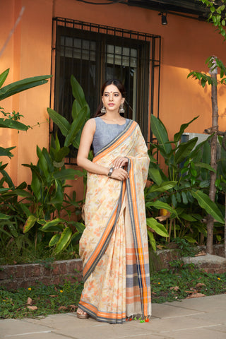 Alikam Khadi-Cotton saree in Yellow beige and Floral print