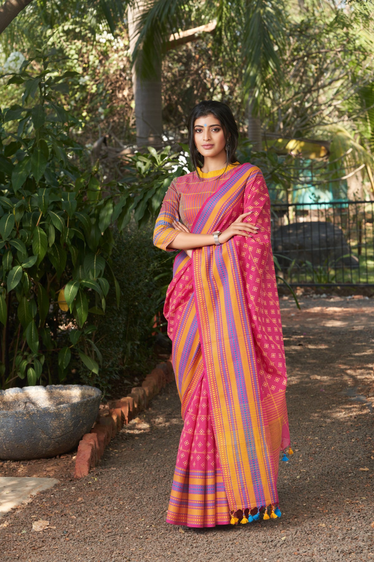 Chettinadu cotton saree in Brick Pink with Floral Art pattern handprint