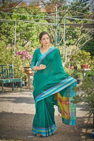 Alikam Khadi cotton plain saree in Midnight Green slub textured weave.