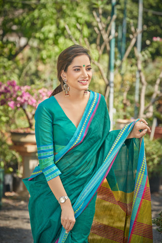 Alikam Khadi cotton plain saree in Midnight Green slub textured weave.