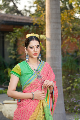 Chettinadu cotton saree in French pink with floral jaal handprint.