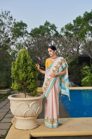 Alikam Khadi-Cotton saree in Buff Yellow and handprint with Thanjavur Figures.