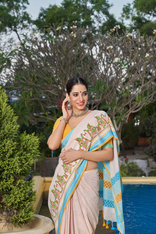 Alikam Khadi-Cotton saree in Buff Yellow and handprint with Thanjavur Figures.