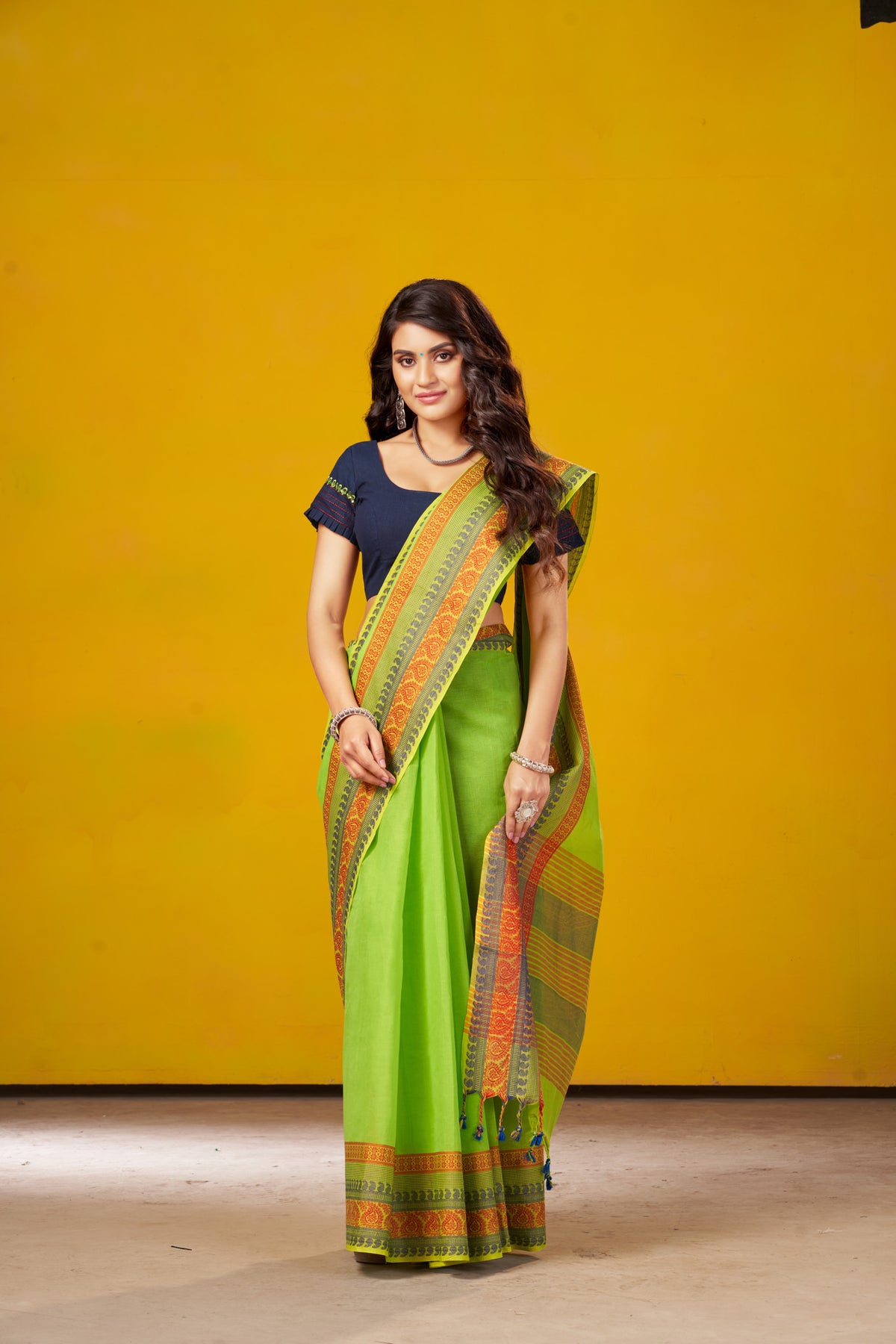 Chettinadu Cotton saree in parrot green colour with hand embroidery blouse