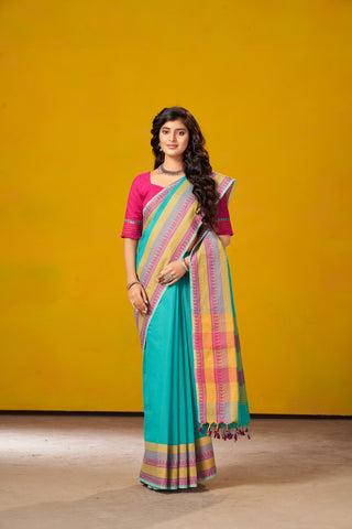 Chettinadu Cotton saree in parrot green colour with hand embroidery blouse