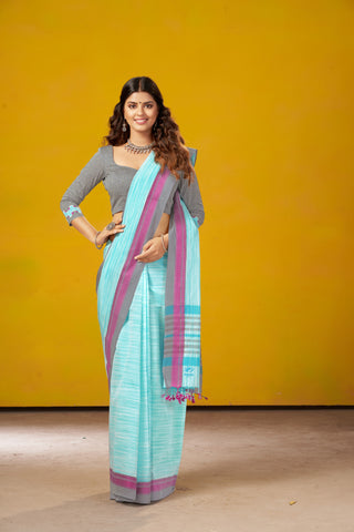 Neon blue with white slub ikkat effect cotton saree