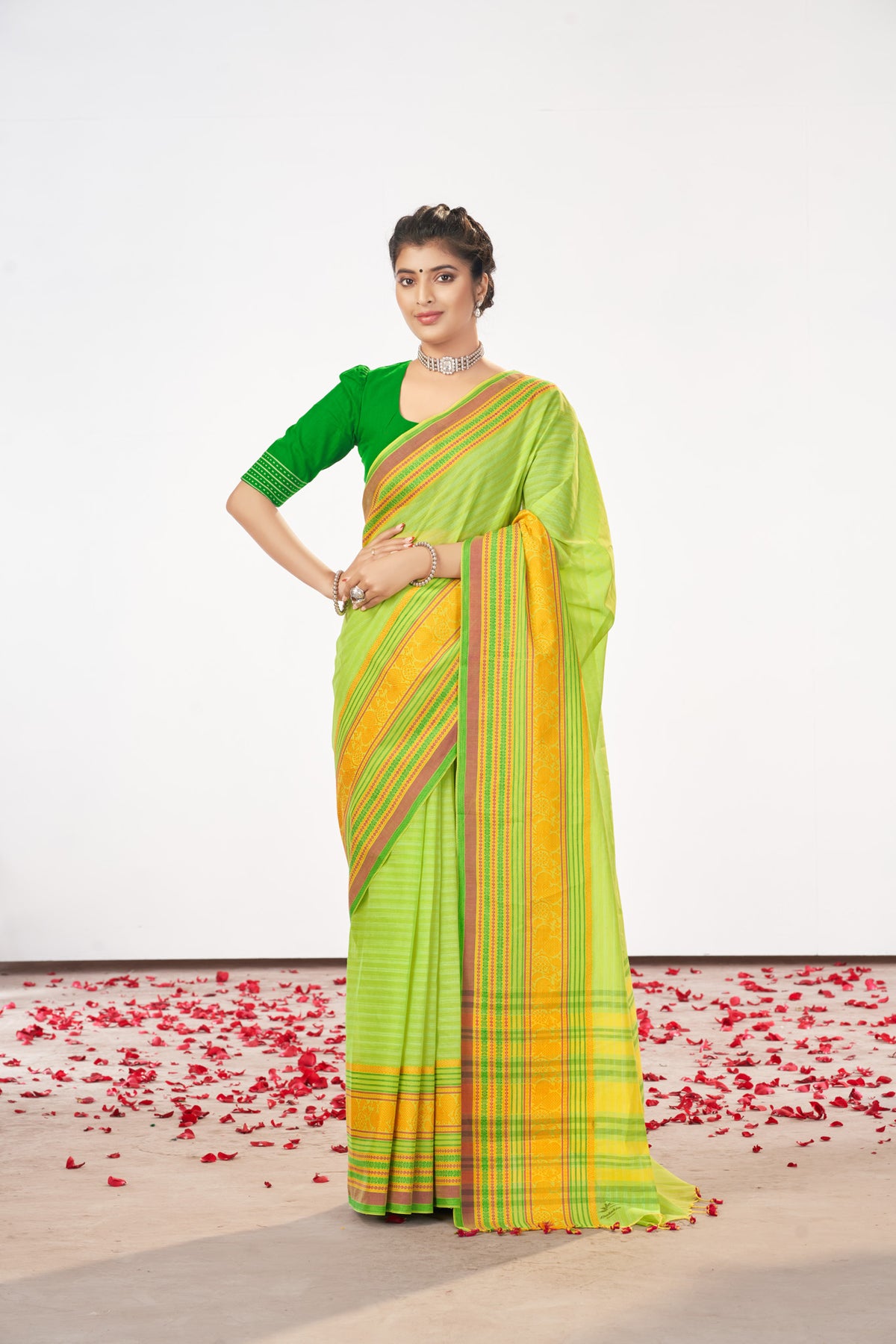 Chettinadu Cotton saree  in parrot green with thin horizontal stripes