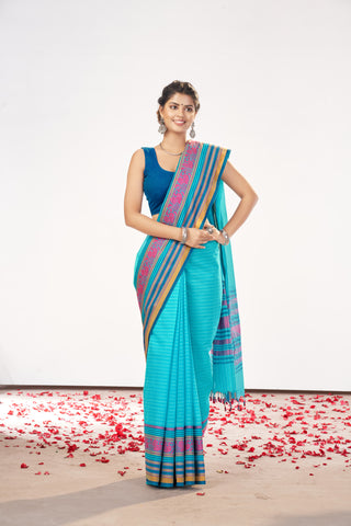 Chettinadu Cotton saree  in parrot green with thin horizontal stripes