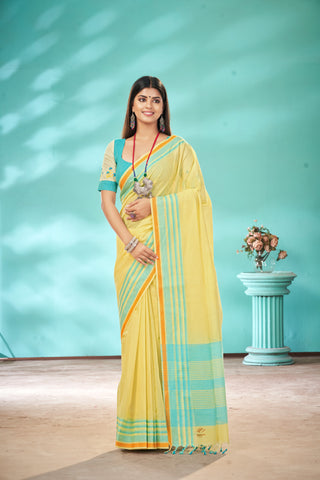 Kanchi Cotton saree  in pale yellow  with simple plain texture.