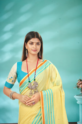 Kanchi Cotton saree  in pale yellow  with simple plain texture.