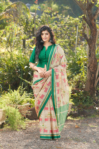 Ikkath Cotton saree in buff Beige with Pichwai floral print