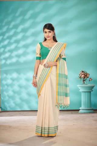 Kanchi Cotton saree  in pale yellow  with simple plain texture.