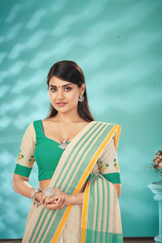 Kanchi Cotton saree  in pale yellow  with simple plain texture.