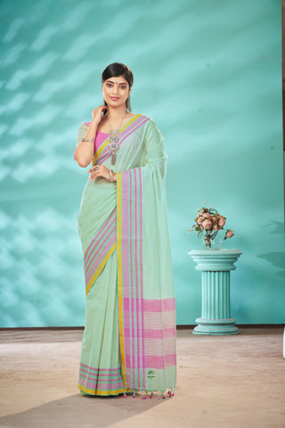 Kanchi Cotton saree  in pale yellow  with simple plain texture.