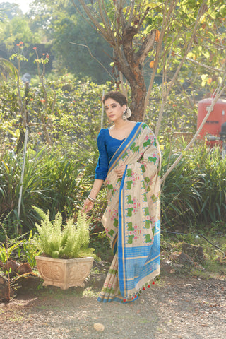 Ikkath Cotton saree in buff Beige with Pichwai floral print