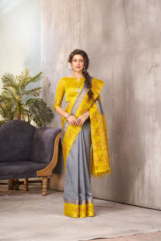 Grey checks with mustard yellow cotton silk saree with block print