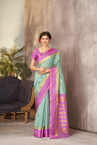 Grey checks with mustard yellow cotton silk saree with block print