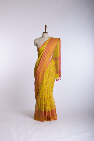 Chettinadu cotton saree in Brick Pink with Floral  handprint