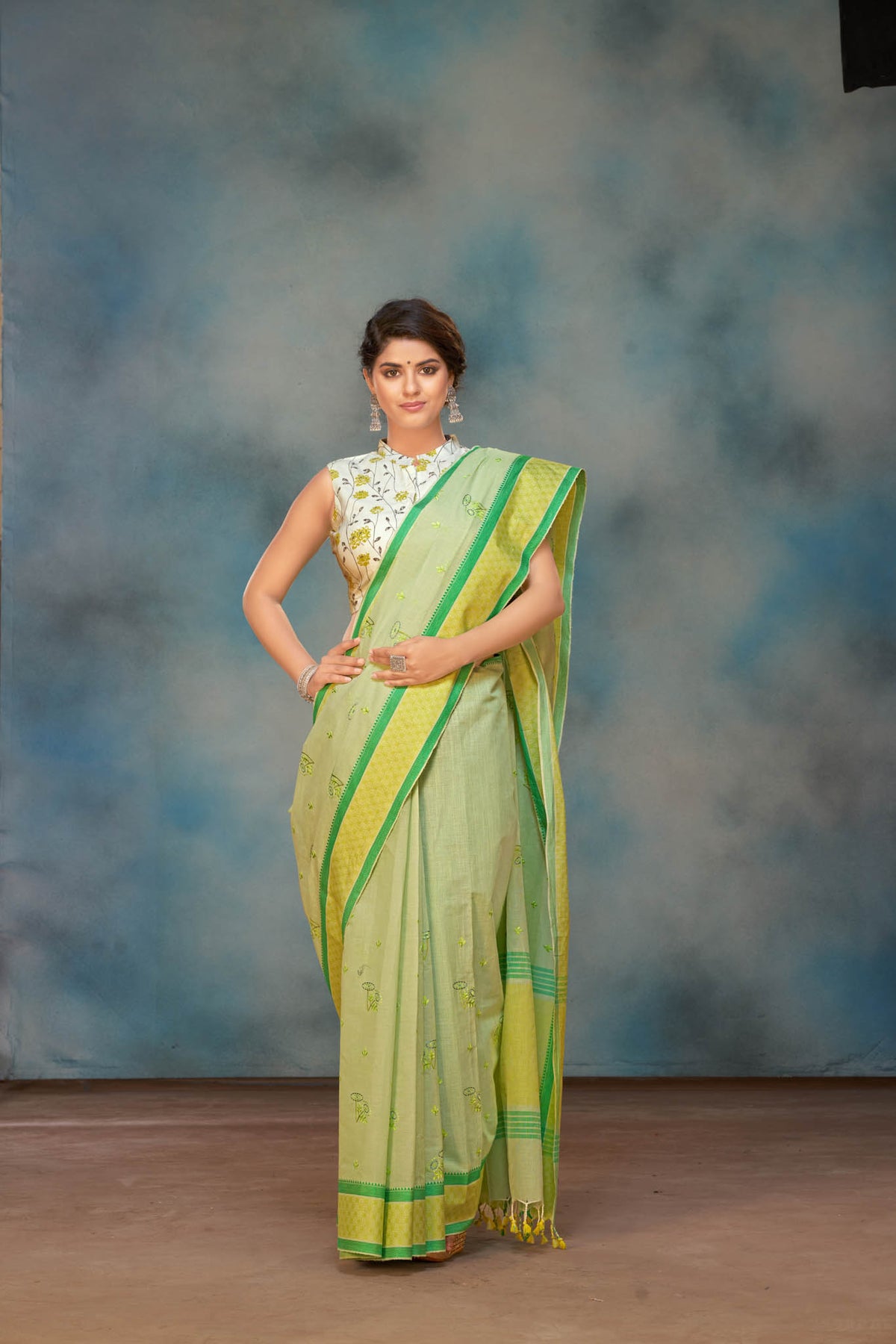 Venkatagiri Cotton saree in Neem Green with Floral hand embroidery