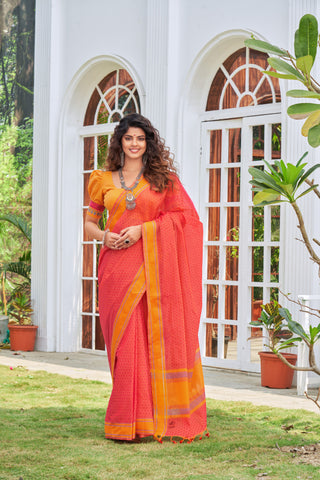 Tomato Pink Embose cotton saree with self weave