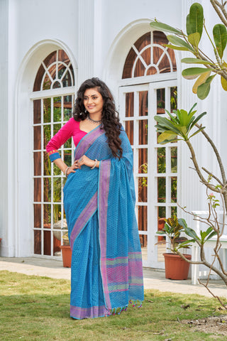 Tomato Pink Embose cotton saree with self weave