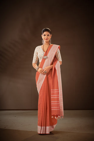 Rust Orange Mangalagiri cotton saree with plain self weave.