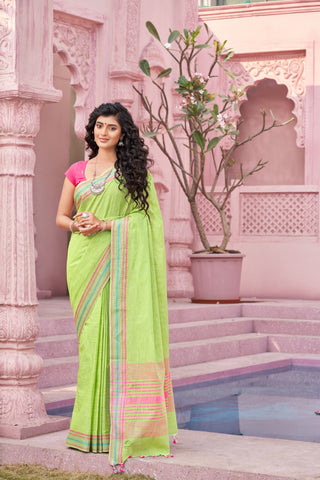 Alikam Khadi Cotton saree  in lime green with white slub texture.