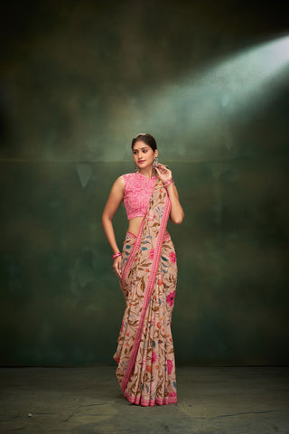 Alikam Khadi-Cotton saree in peach and handprint with floral jaal pattern.