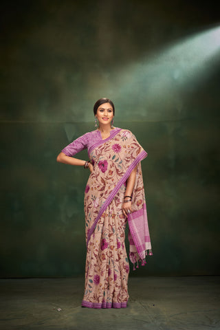 Alikam Khadi-Cotton saree in peach and handprint with floral jaal pattern.