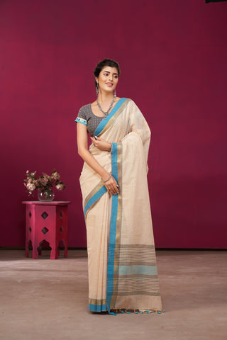 Alikam Khadi Cotton saree in Ice Blue with white slub texture