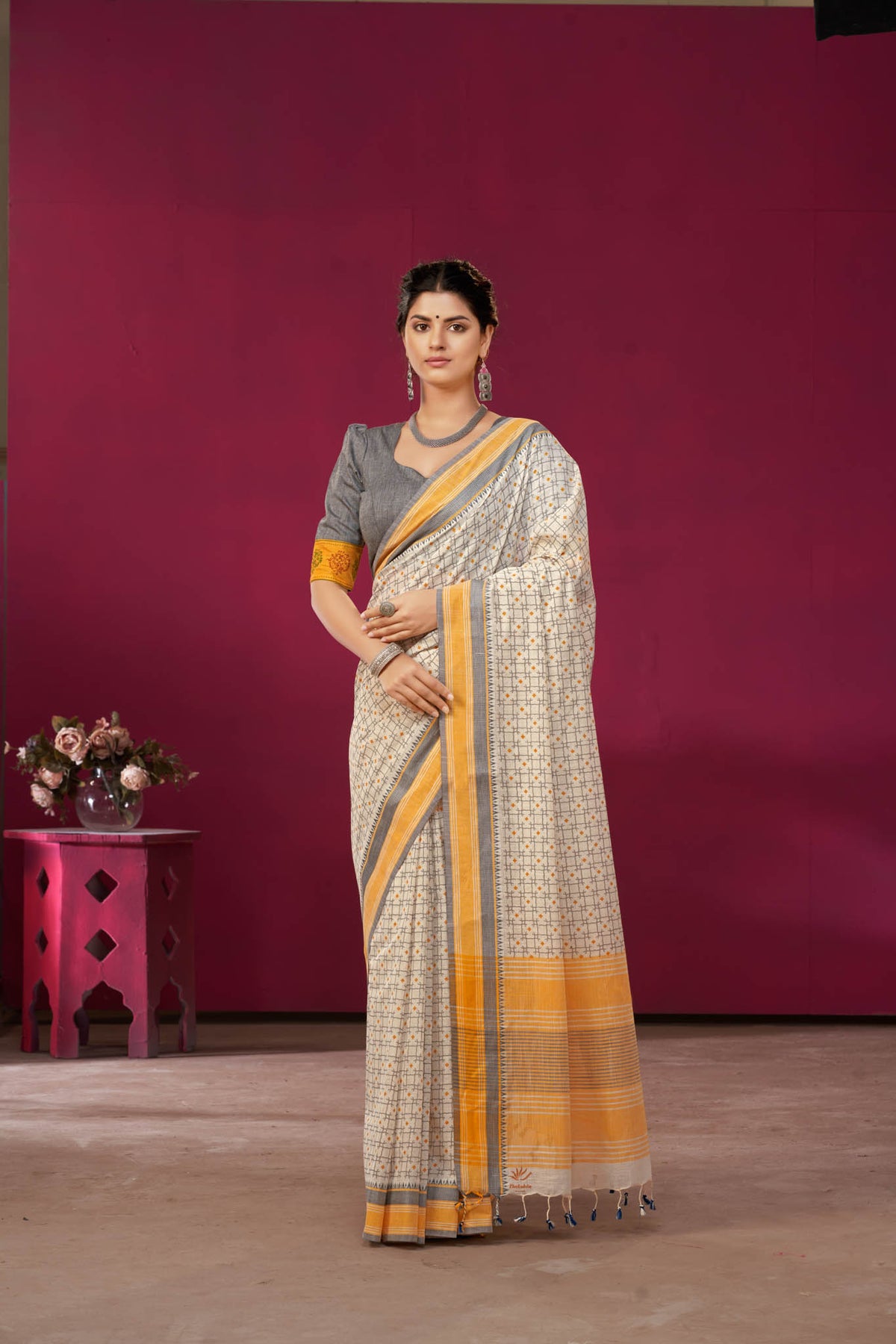 Kanchi Cotton saree  in Off white with geometric pattern hand printed.