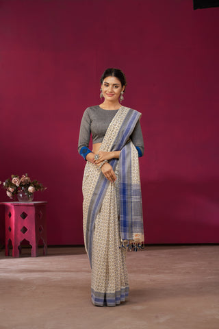 Kanchi Cotton saree  in Off white with geometric pattern hand printed.