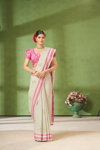 Classic Grey colour khadi cotton saree with hand embroidery motifs.