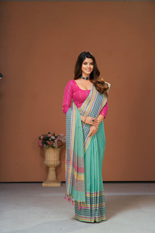 Chettinadu Cotton saree  in sea green with slub texture